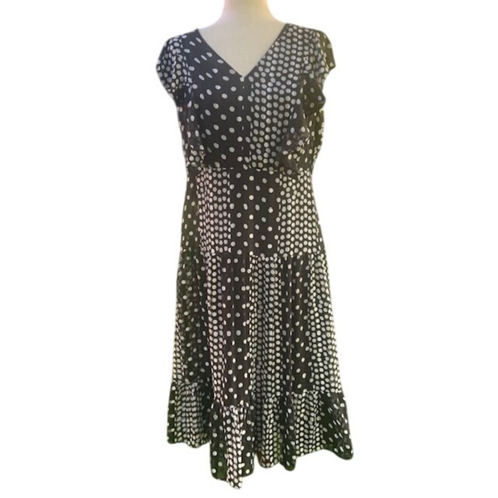 NWT Sam Edelman Polka Dot Patchwork Midi Dress L Tiered Flowy Boho Chic Parisian